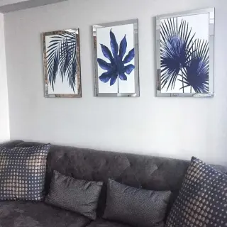 Mavi Yaprak Desen Pleksi Çerçeveli 3lü Taplo
