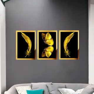 Kelebek Ve Yaprak Desen Gold Pleksi Çerçeveli Taplo