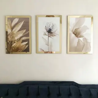 Gold Çerçeveli Çiçek 3lü Tablo