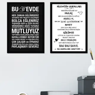 2 Parça Çerçeve Görünümlü Ev Kuralları Duvar Tablo Seti
