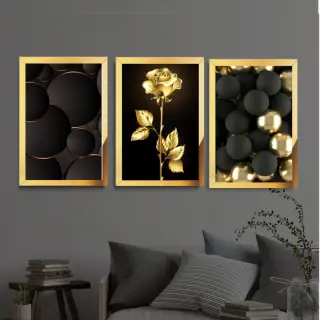 Pleksi Çerçeveli Gold Çiçek Tablo 3lü